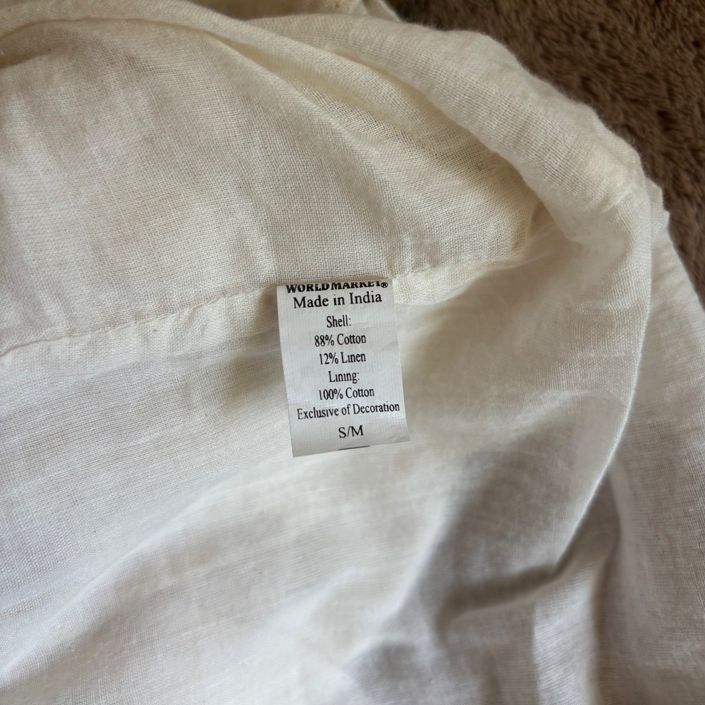 World Market Embroidered Cotton Linen Boho Shift Dress Cream Navy SM - Picture 9 of 9